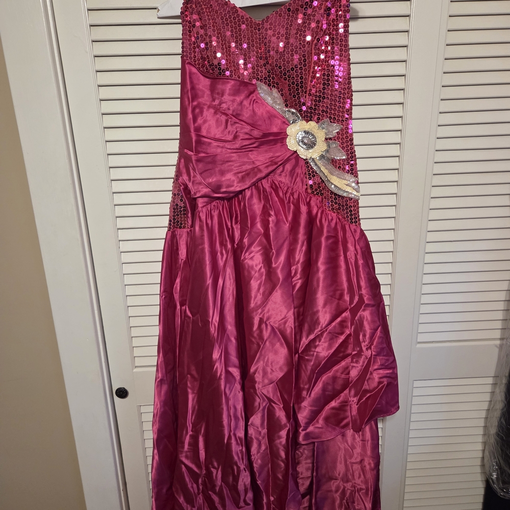 90s prom dress! Fuchsia Sequin Strapless Evening Gown with Floral Applique